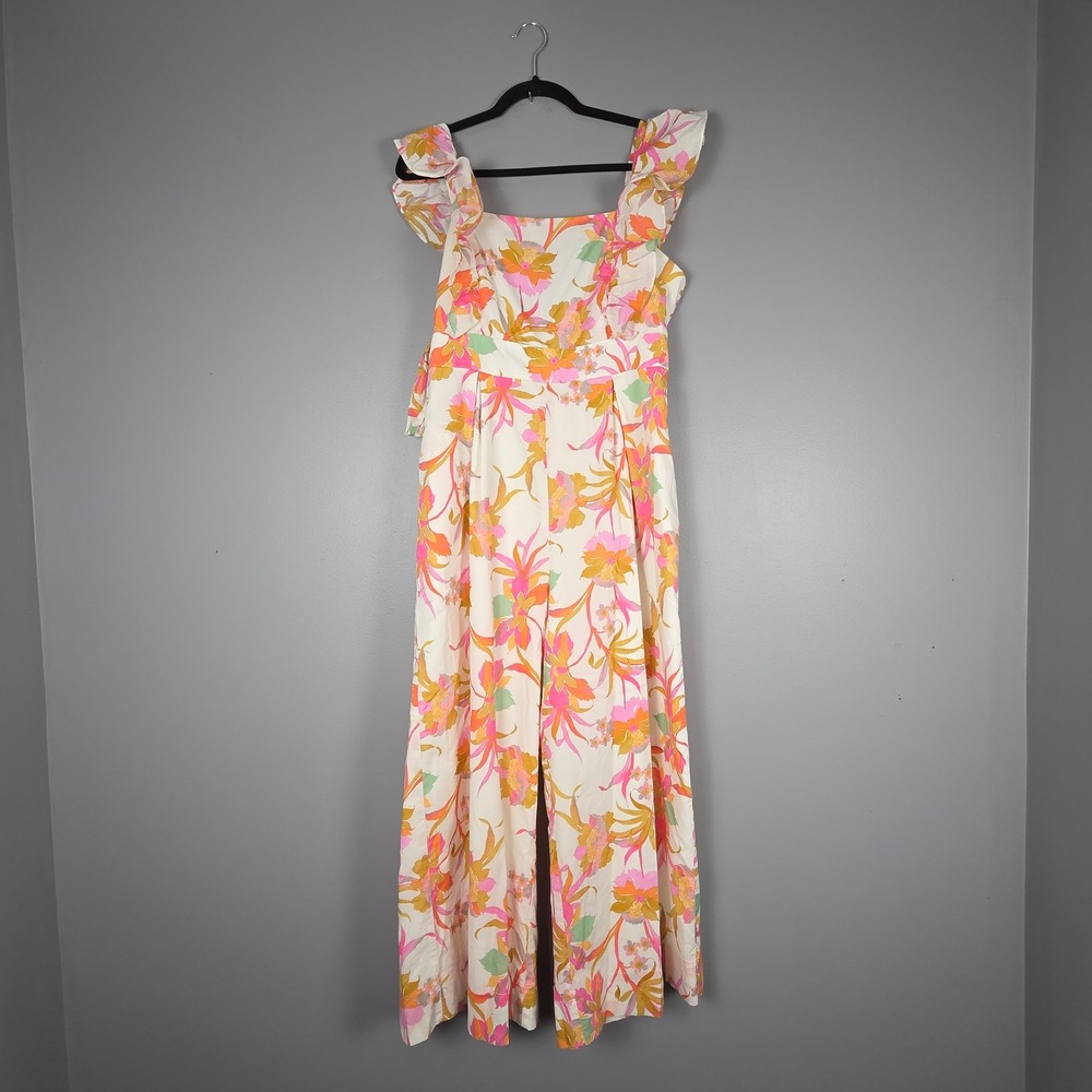 Taylor Women L Jumpsuit Ruffle Wide Leg Floral Tie Back Boho Cottagecore Floral